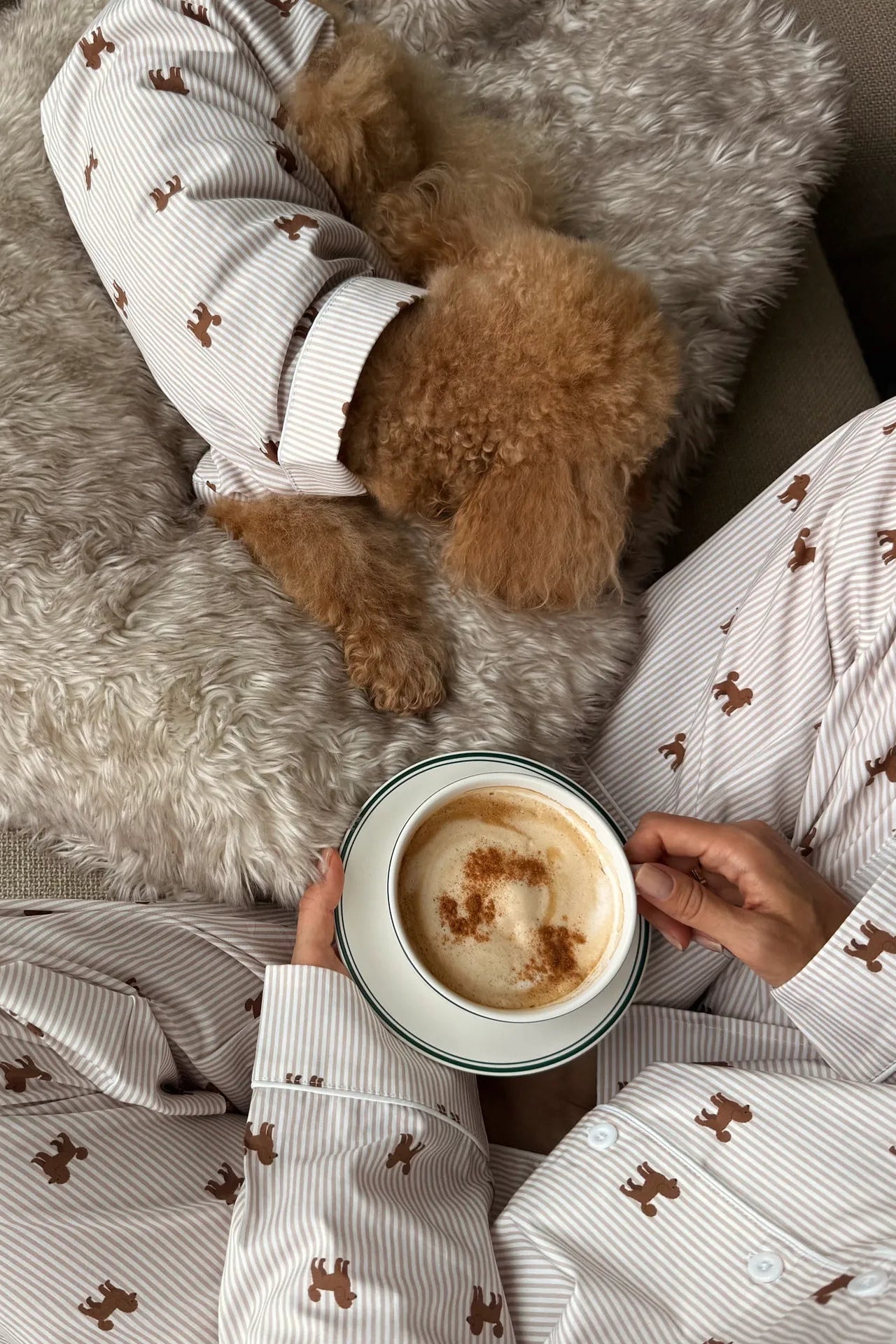 A cozy lifestyle shot of a person wearing matching beige and white striped pajamas with a brown dog sleeping on a fluffy gray cushion, holding a cup of coffee with latte art.