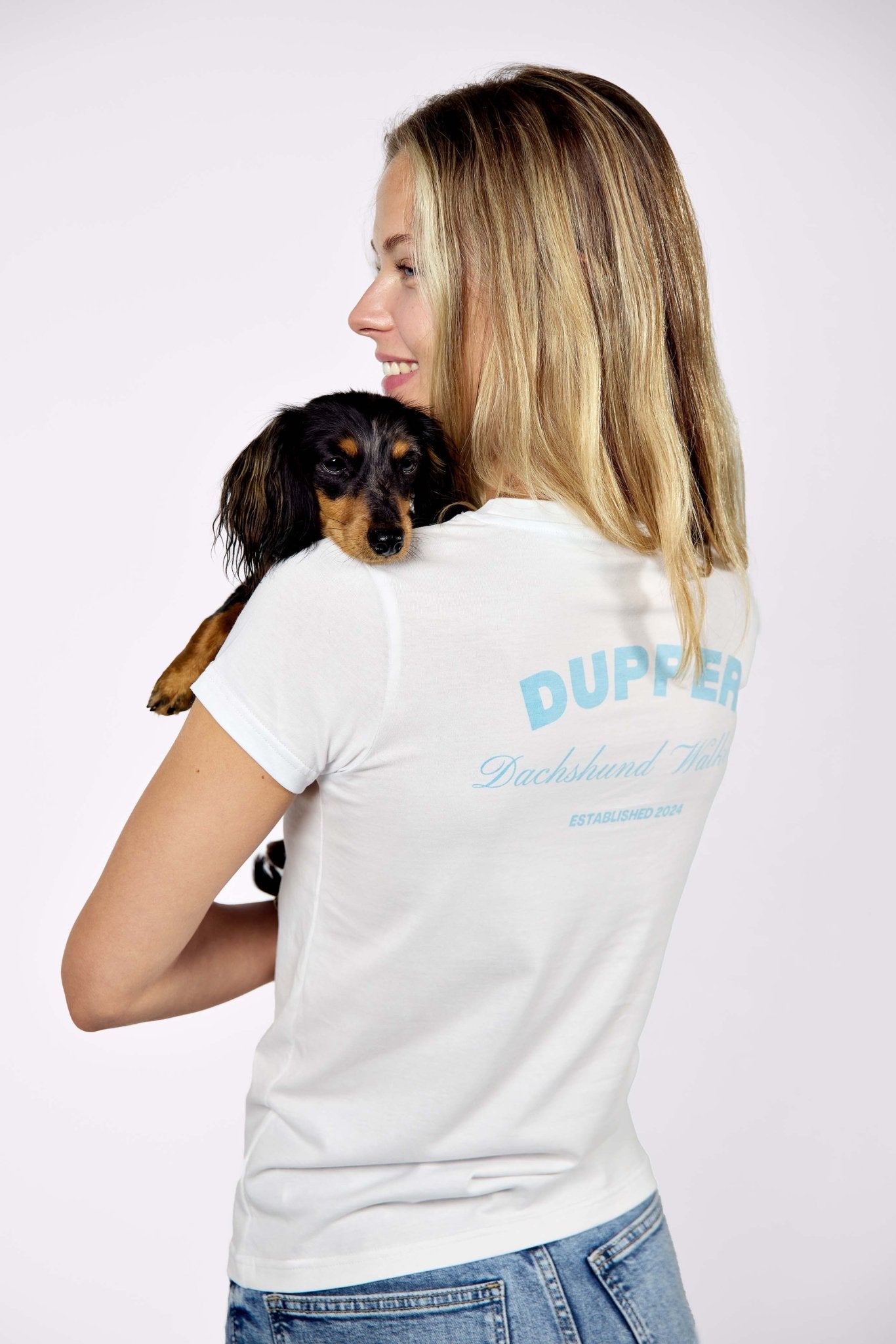 Dachshund walkers T-shirt – White & blue - Dupper