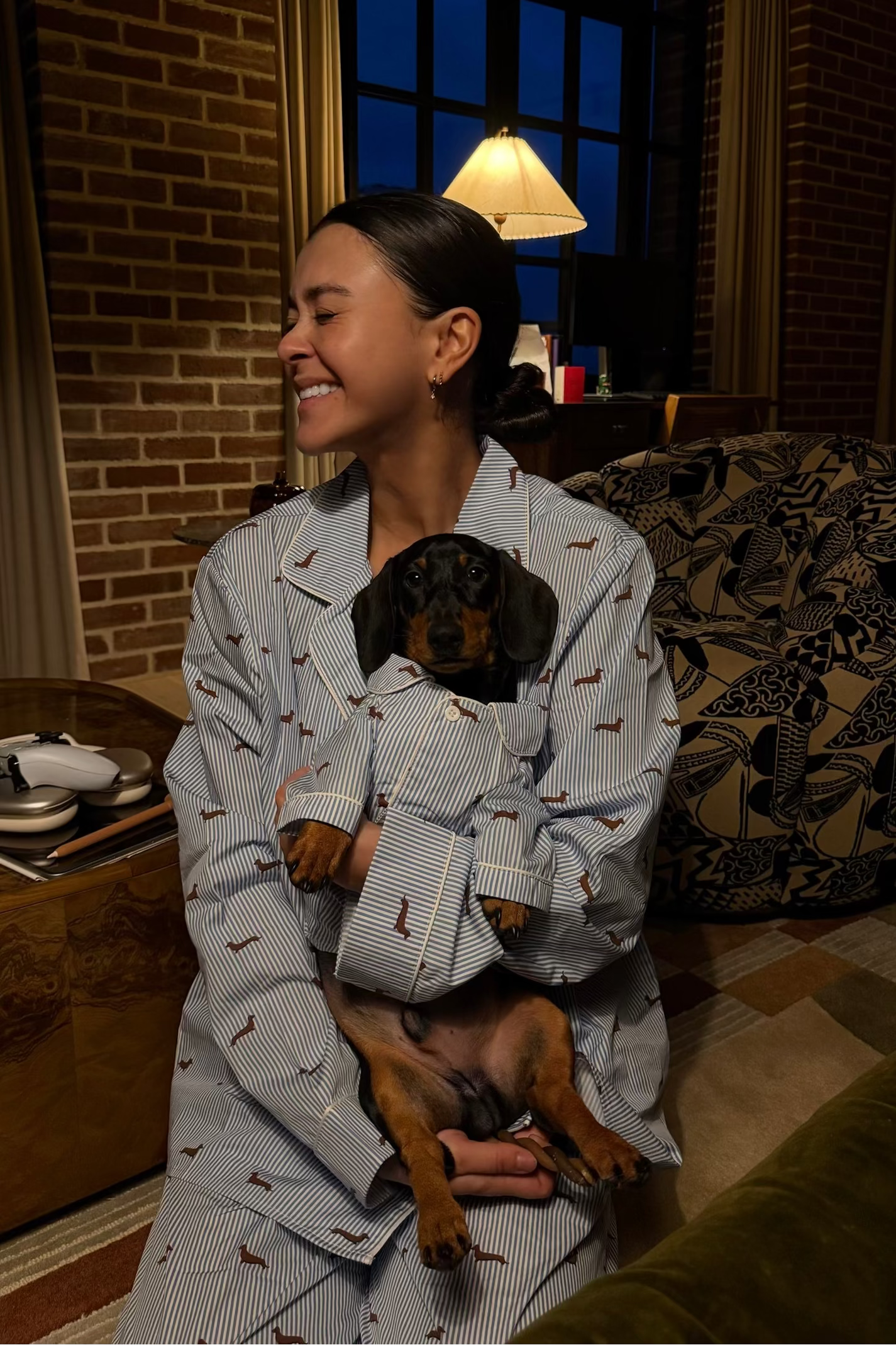 Dachshund matching pajama set – Blue & white