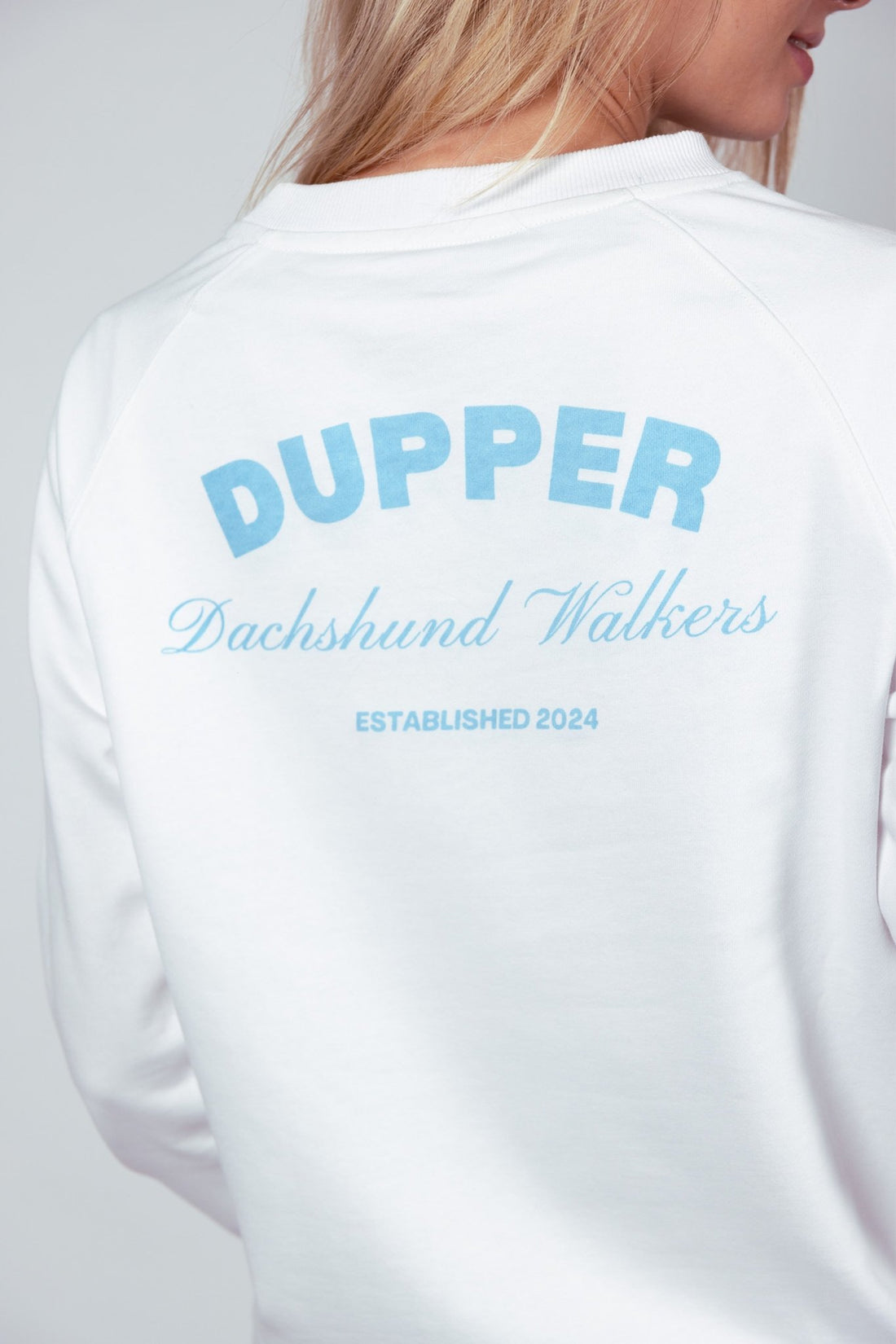Dachshund Walkers Sweatshirt – White &amp; Blue - Dupper