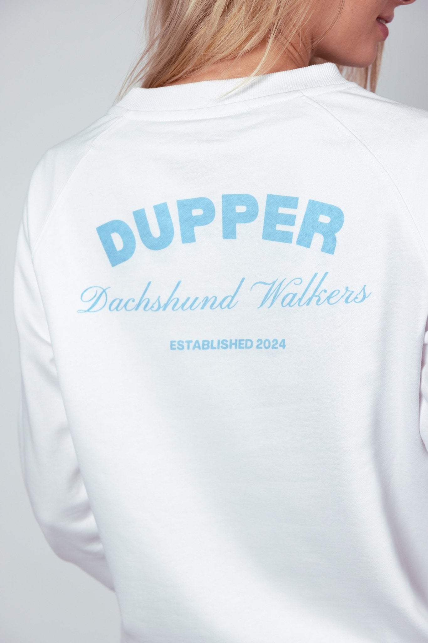 Dachshund Walkers Sweatshirt – White &amp; Blue - Dupper