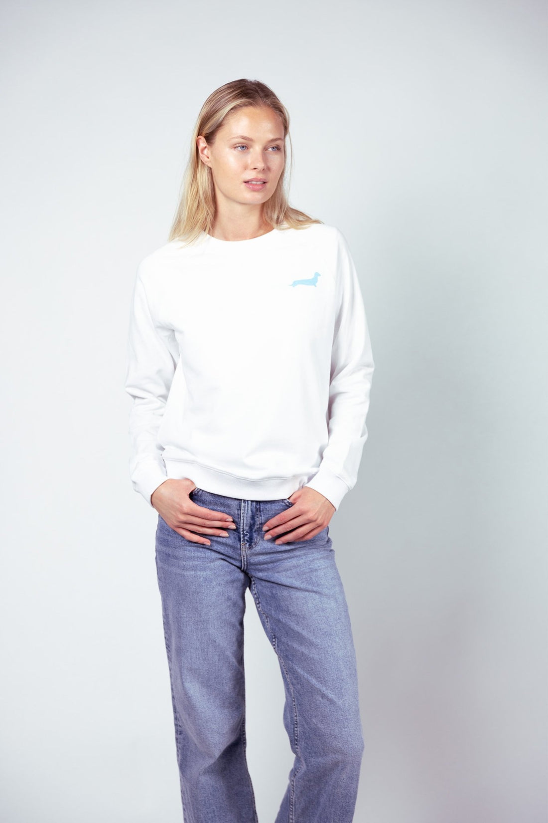 Dachshund Walkers Sweatshirt – White &amp; Blue - Dupper