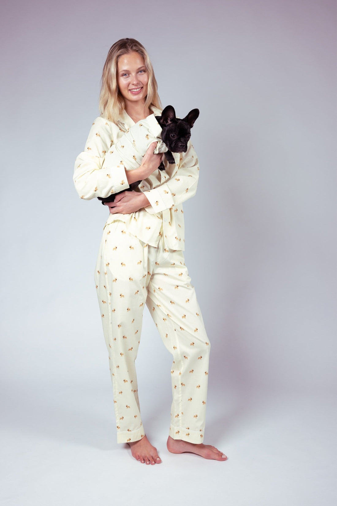 Frenchie matching pajama set – Yellow &amp; white - Dupper