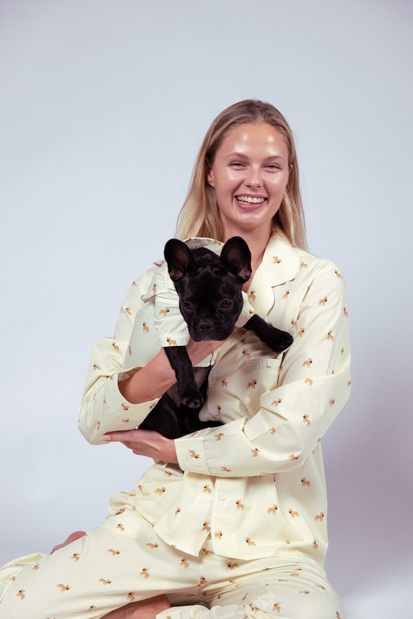 Frenchie matching pajama set – Yellow &amp; white - Dupper