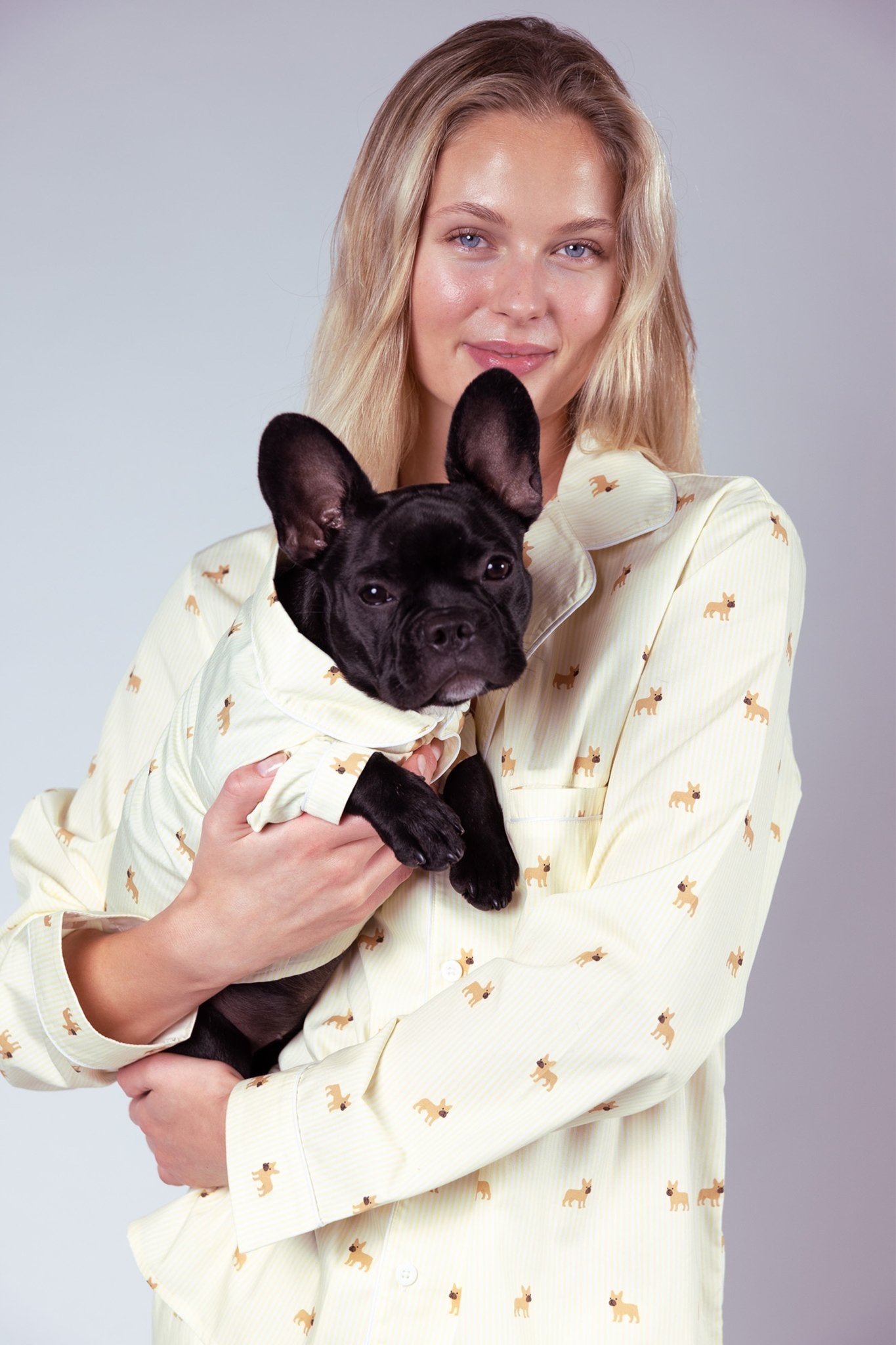 Frenchie matching pajama set – Yellow &amp; white - Dupper