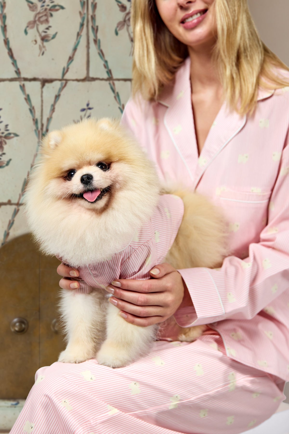 Pomeranian matching pajama set – Pink & white - Dupper