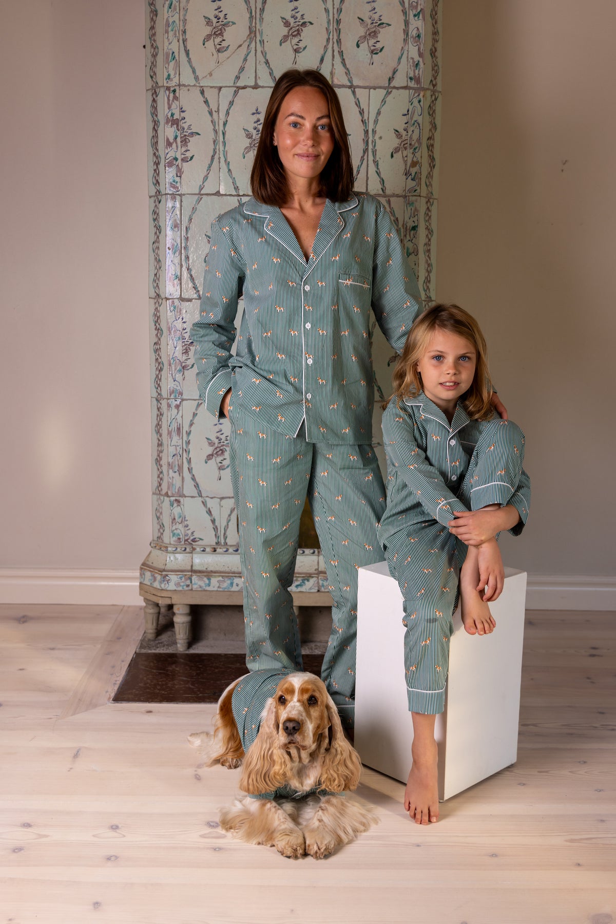 Spaniel family pajama bundle in green and white