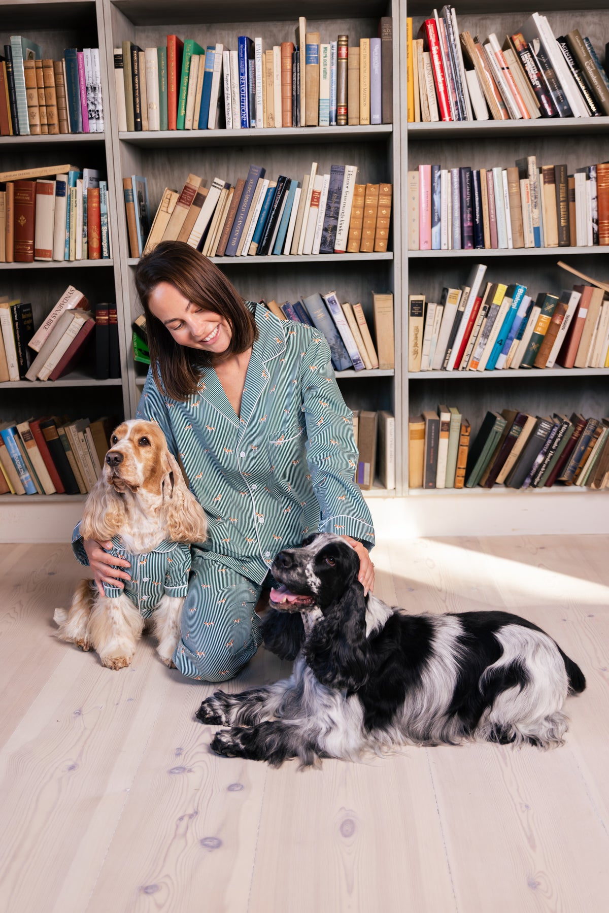 Adult and pajama-wearing Spaniel with a second dog in the library